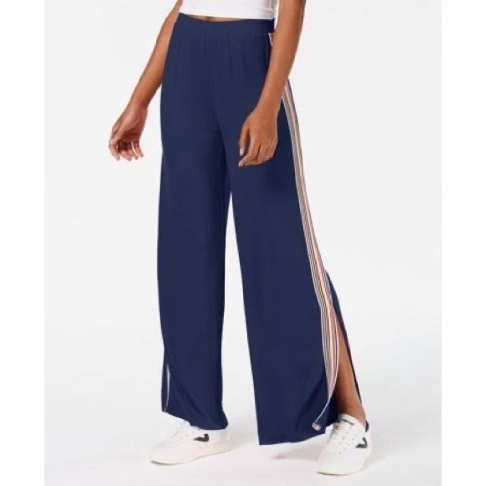 Retro Stripe Wide Leg Pants Blue Side Slit Lounge Pants S - Picture 2 of 8